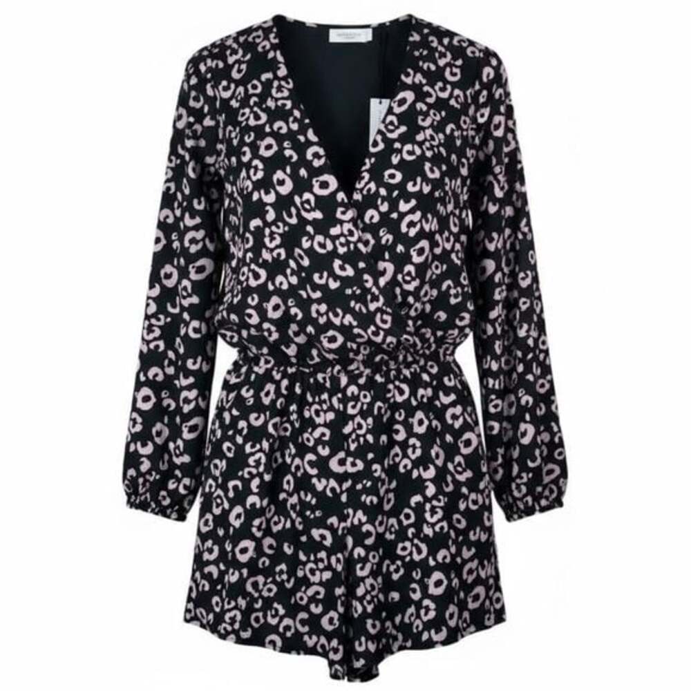 THREE EIGHTY TWO Pink & Black Leopard Long Sleeve Casual Cinched Waist Romper